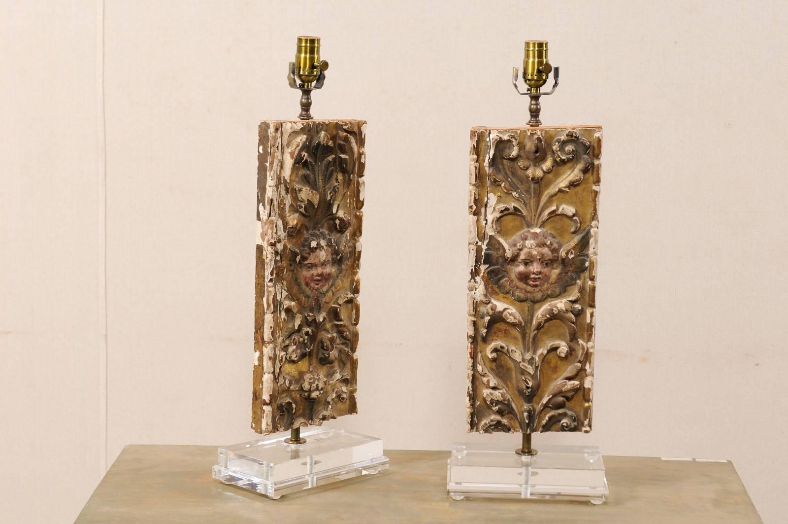 18th Century and Earlier Pair of Italian 18th Century Gilded and Carved Wood Fragment Table Lamps