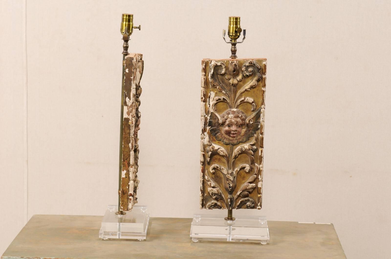 Pair of Italian 18th Century Gilded and Carved Wood Fragment Table Lamps 2