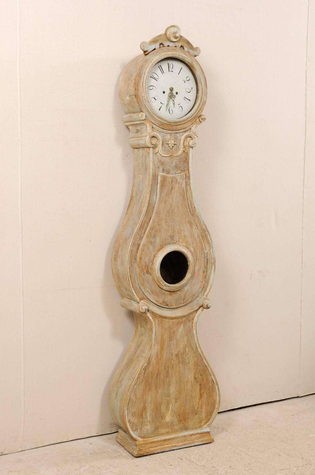 Carved Swedish 19th Century Fryksdahl Floor / Longcase Clock with Scraped Wood Finish