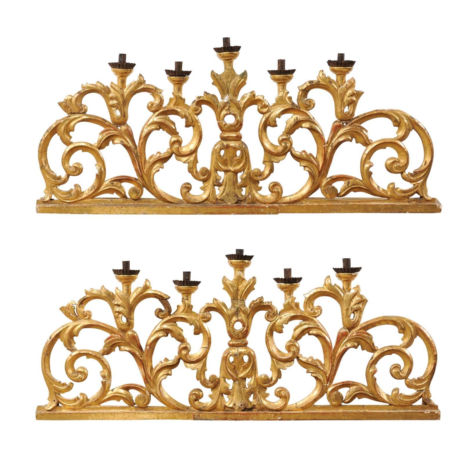 Exquisite Italian Pair of Large Carved Gilt-wood Five Candle Candelabra, 19th C.