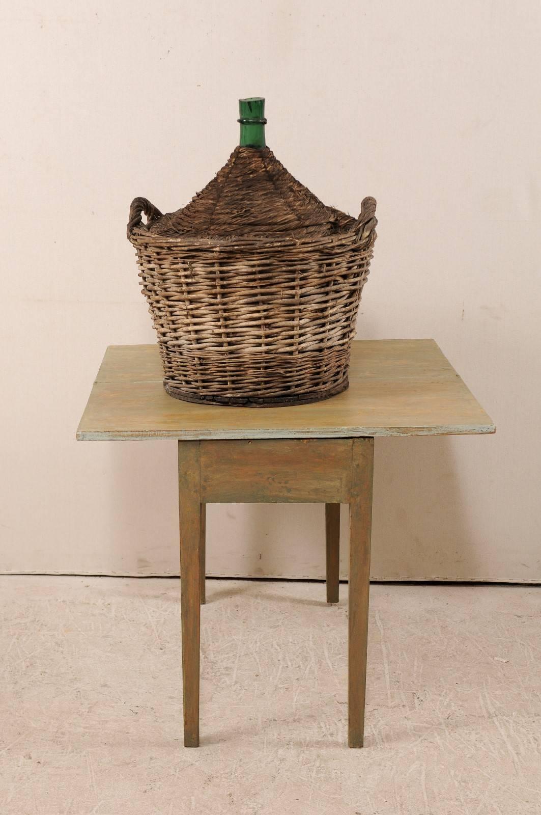 French Mid-Century Handwoven Basket with a Large Demijohn Glass Wine Bottle 1