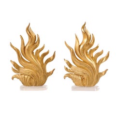 Pair of European Carved and Painted Gold Flame Fragments on Custom Lucite Stands