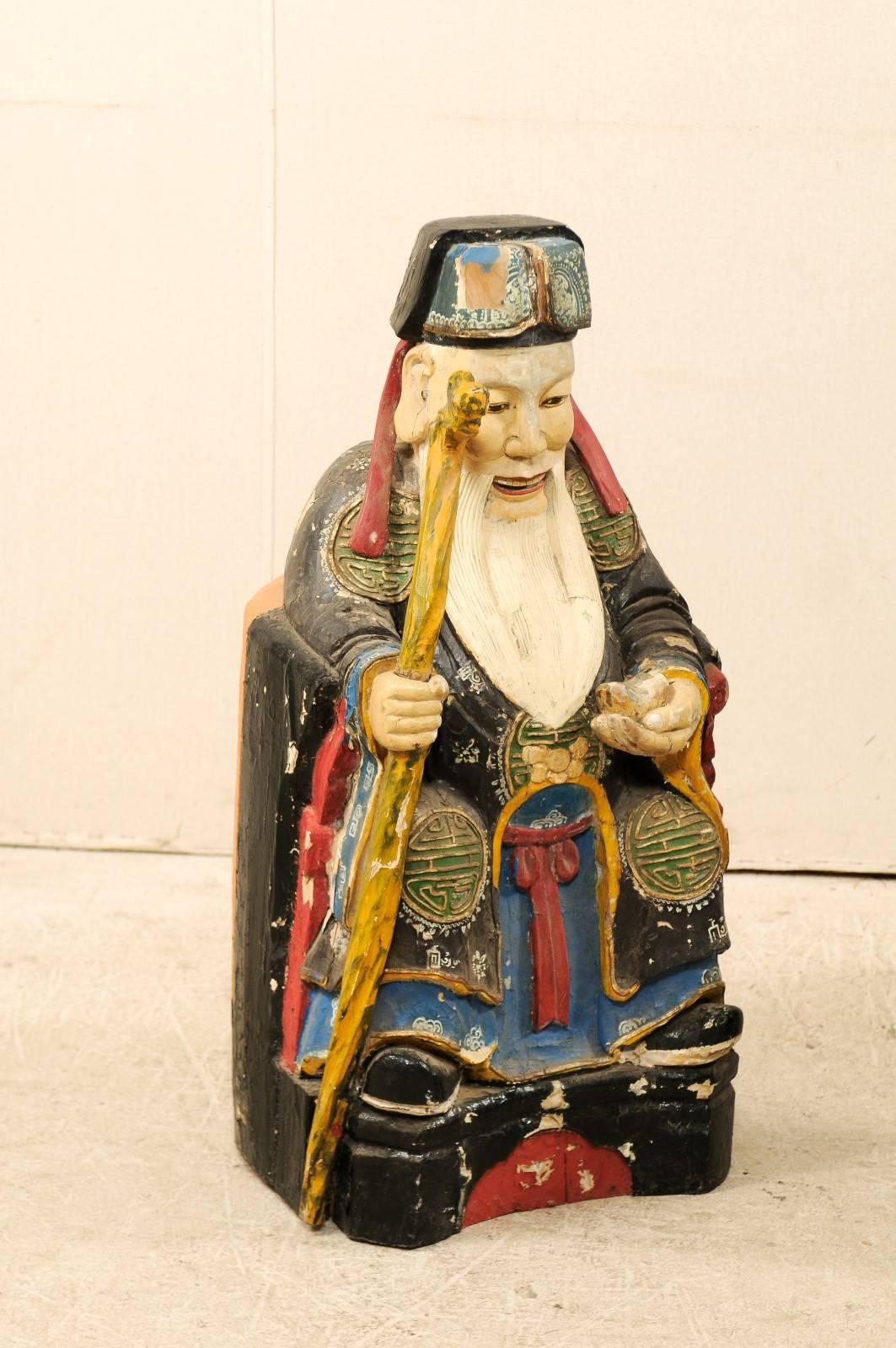 Pair of Early 20th Century Chinese Carved and Painted Wood Emperor Figures In Good Condition In Atlanta, GA
