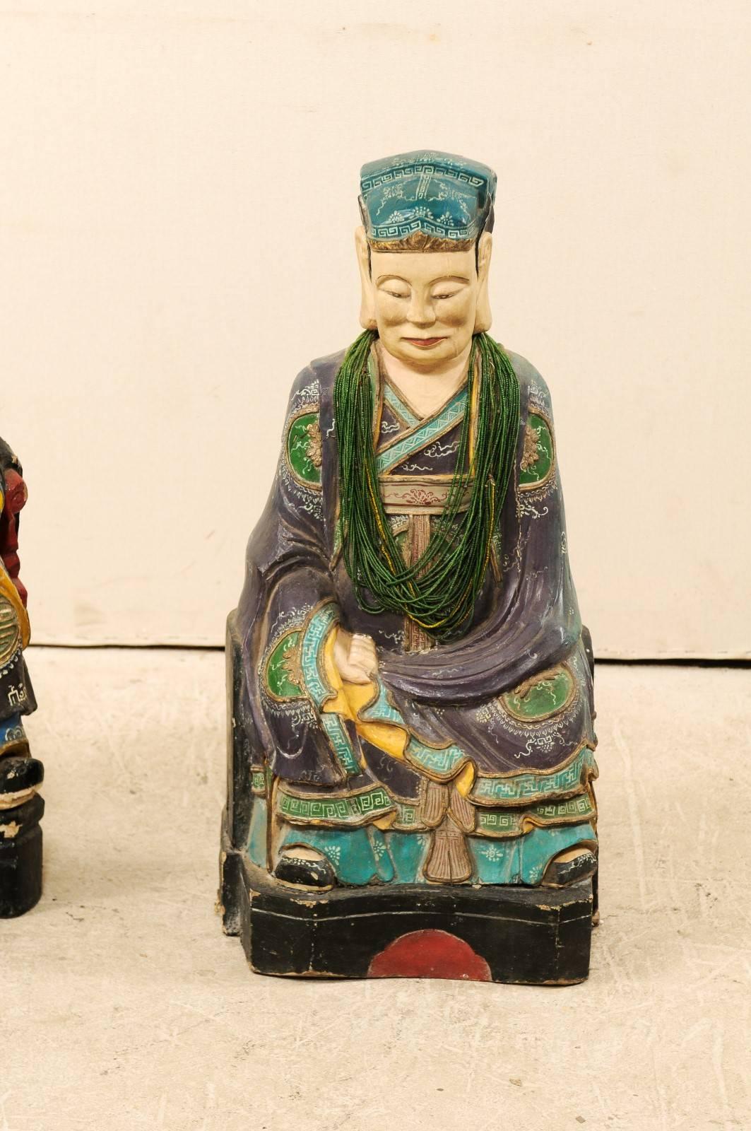 Pair of Early 20th Century Chinese Carved and Painted Wood Emperor Figures 1