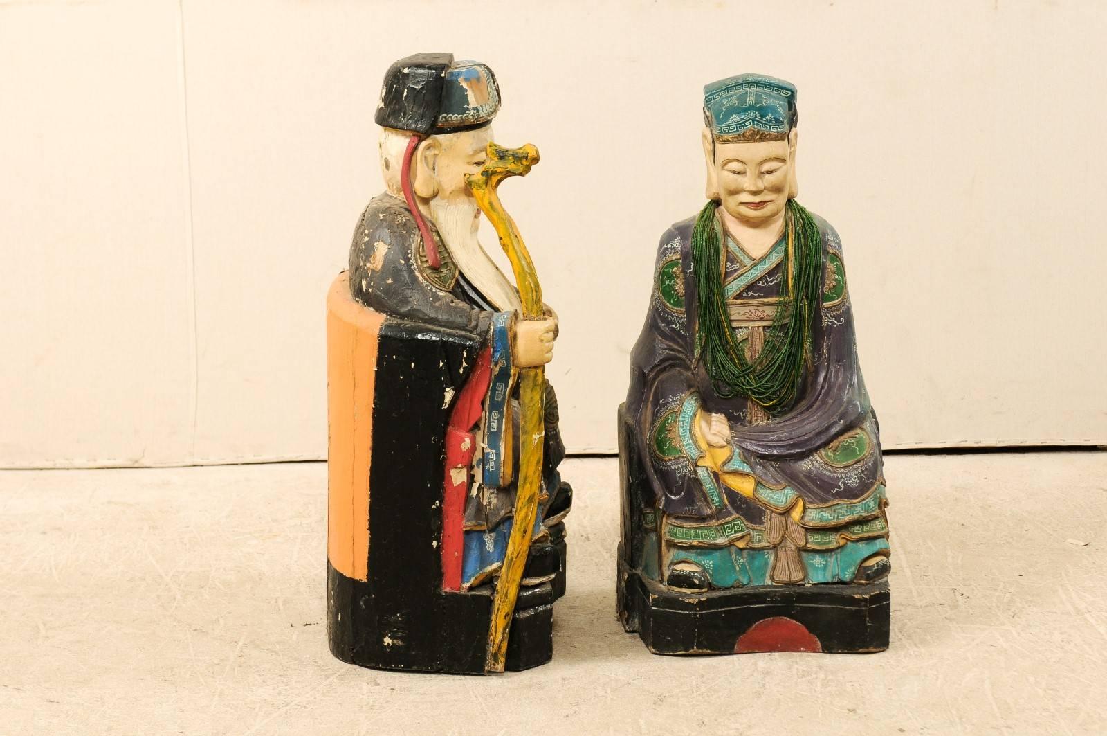 Pair of Early 20th Century Chinese Carved and Painted Wood Emperor Figures 4