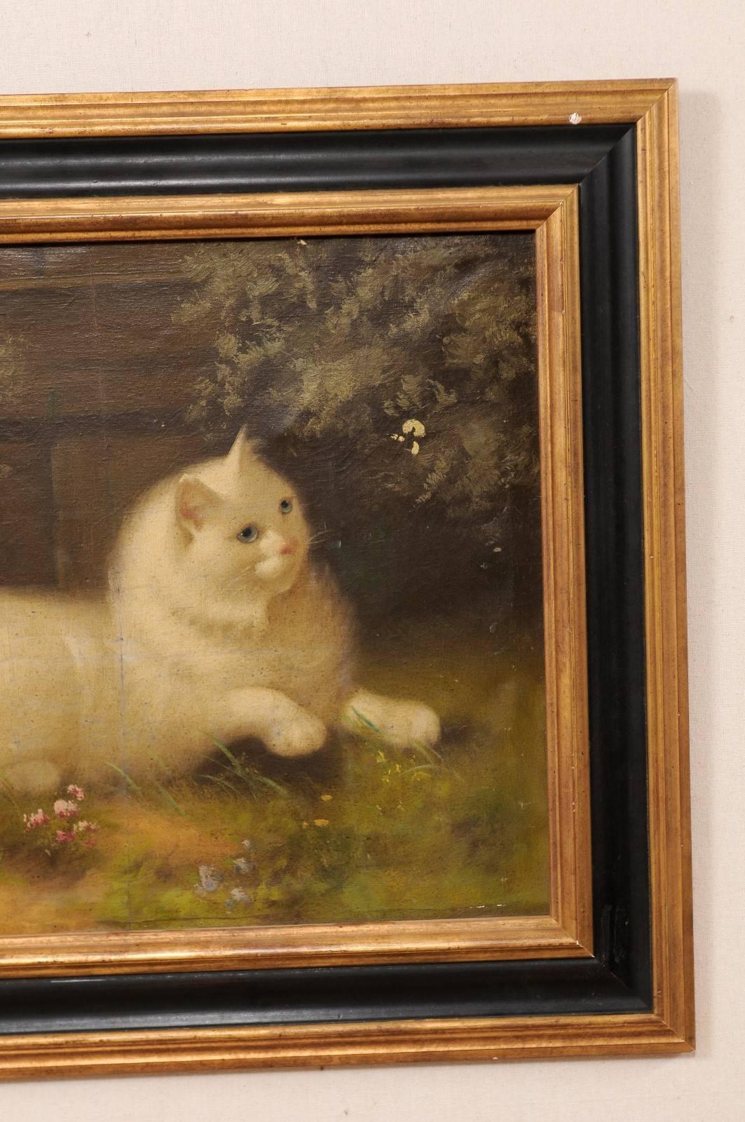 Hand-Crafted Oil Painting of White Persian Cat by Well Known Hungarian Artist Beno Boleradsky For Sale