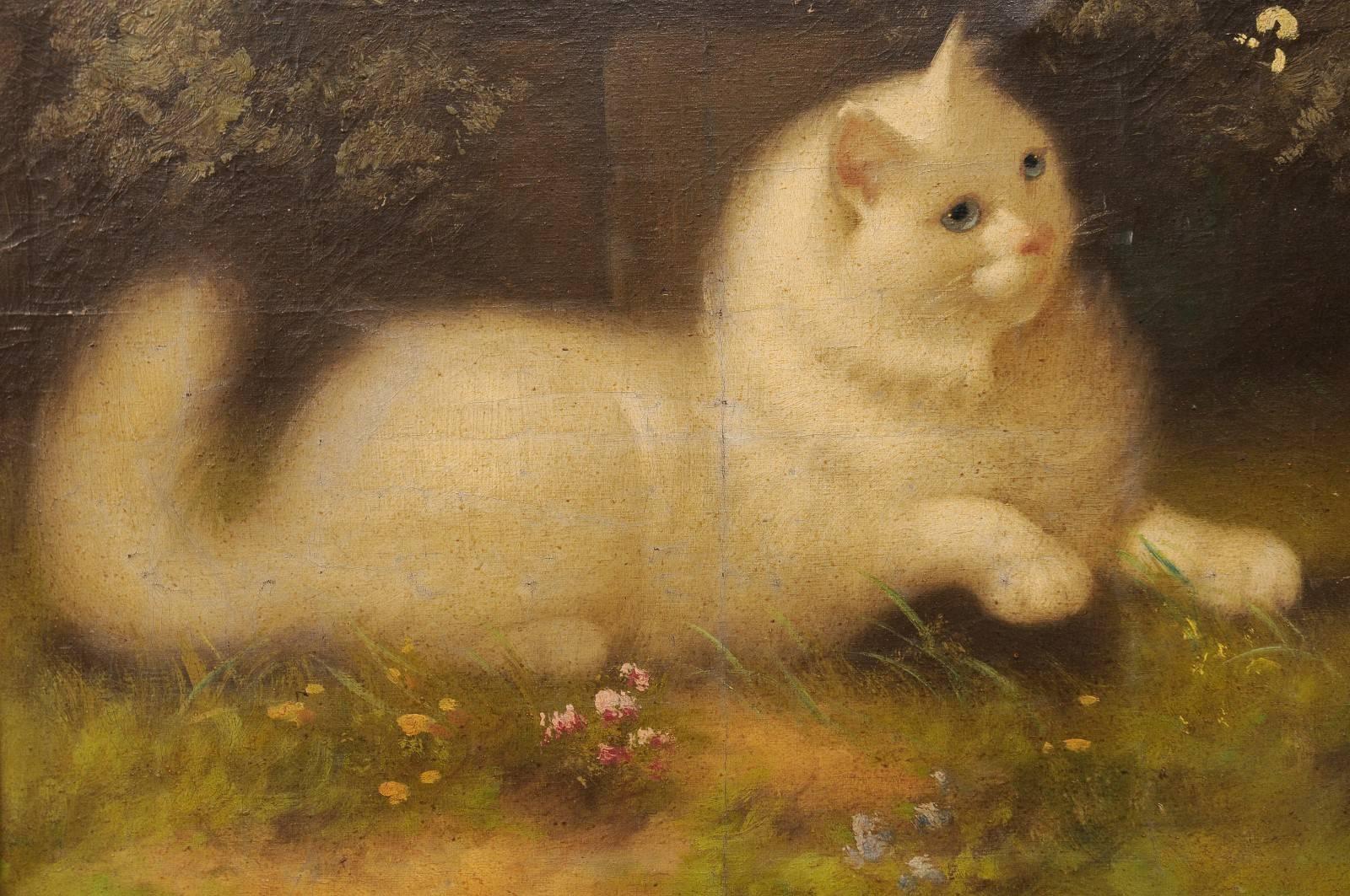 Pintura al óleo de gato persa blanco del conocido artista húngaro Beno Boleradsky en Bueno estado para la venta en Atlanta, GA