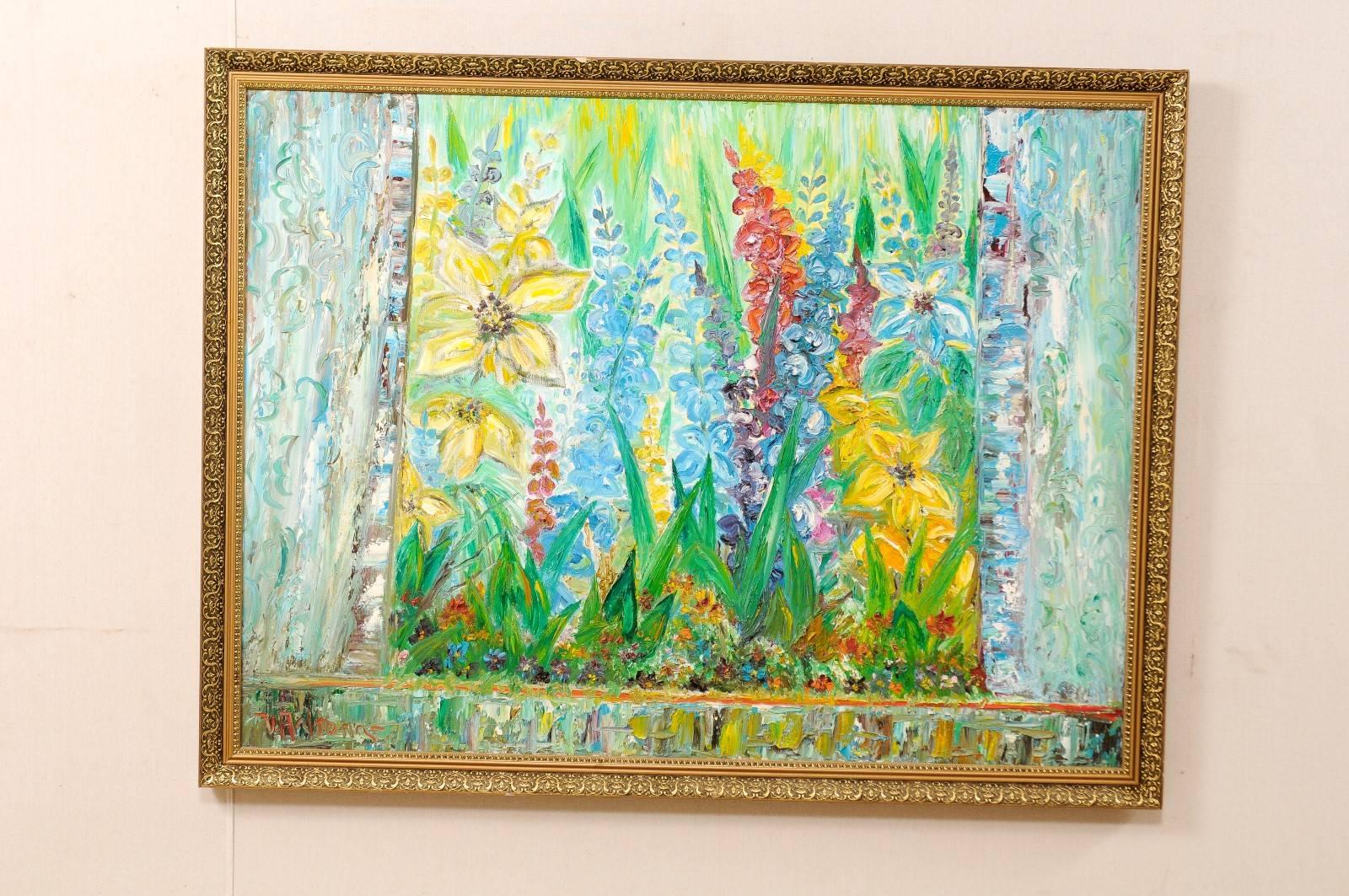 A Swedish large-sized Mid-Century floral oil painting. This painting, composed upon layers and layers of thick, viscous paint on canvas, depicts an abundance of flowers, including lilies and gladiolus. This painting is held within a gold wood carved