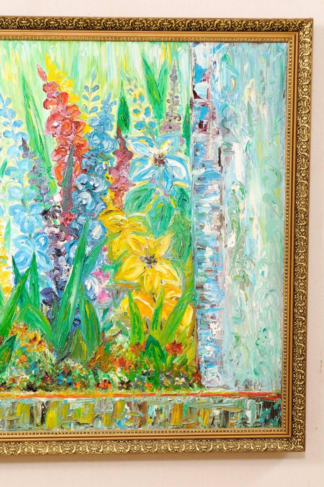 20th Century Large Swedish Mid-Century Cheerful Oil Painting of Lilly and Gladiolus Flowers