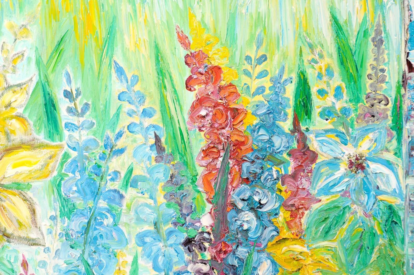 Large Swedish Mid-Century Cheerful Oil Painting of Lilly and Gladiolus Flowers In Good Condition In Atlanta, GA