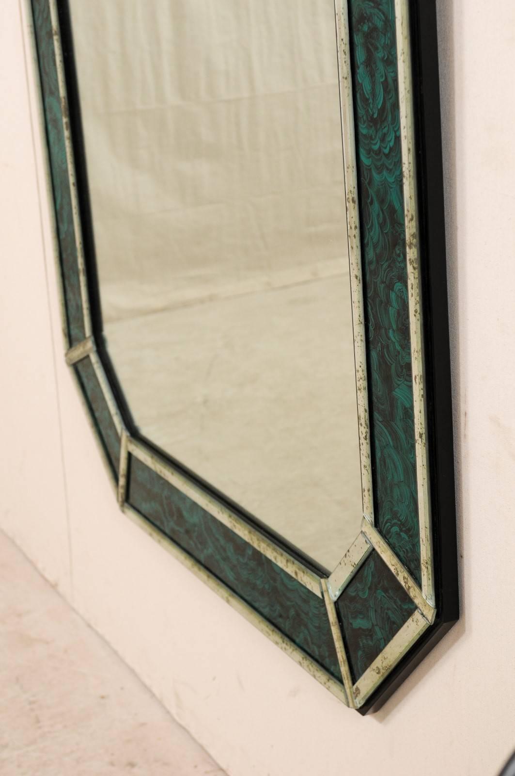 Contemporary Large Size Deep Green and Teal Colored Malachite Wall Mirror with Antiqued Glass