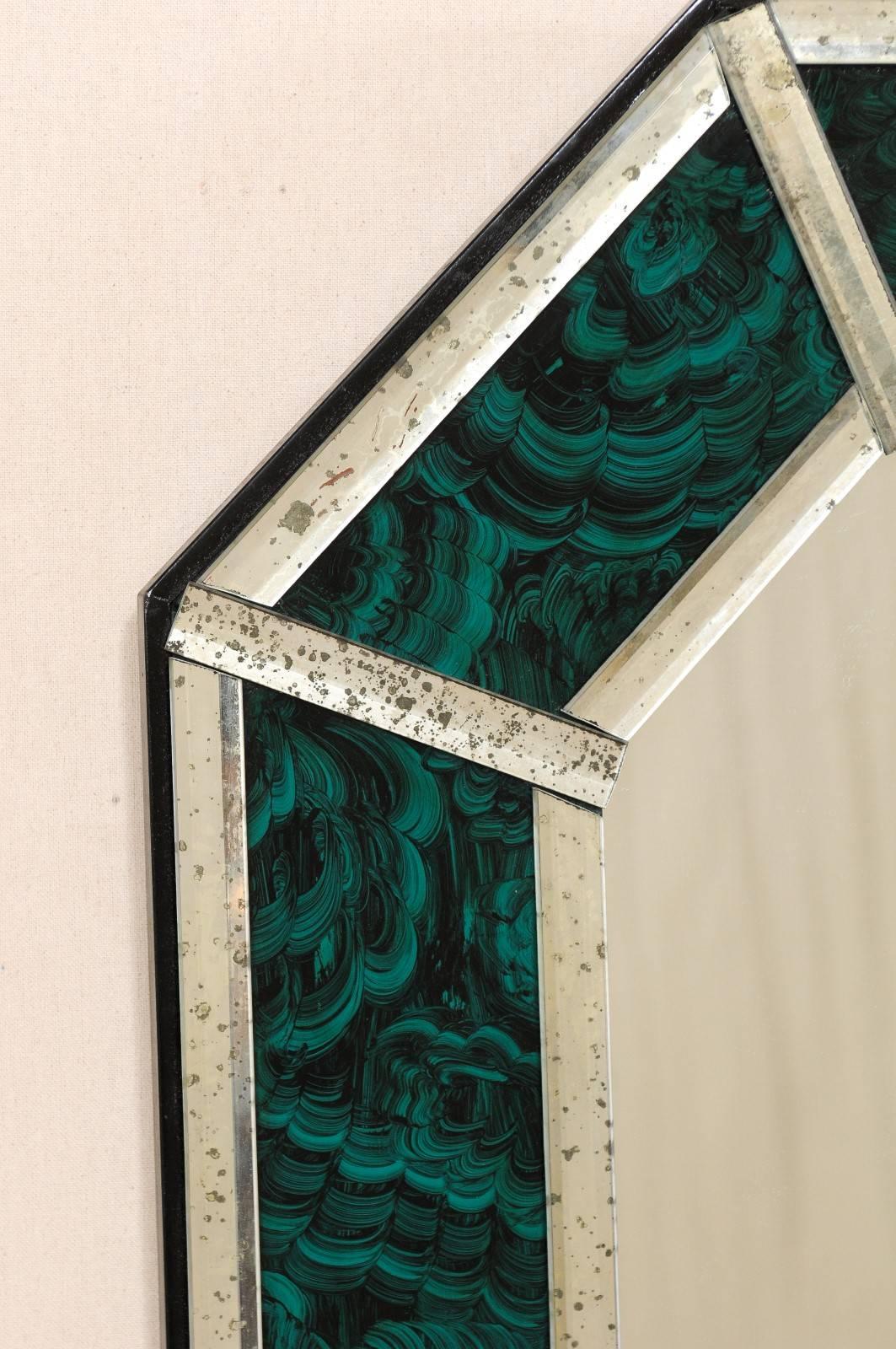 American Large Size Deep Green and Teal Colored Malachite Wall Mirror with Antiqued Glass