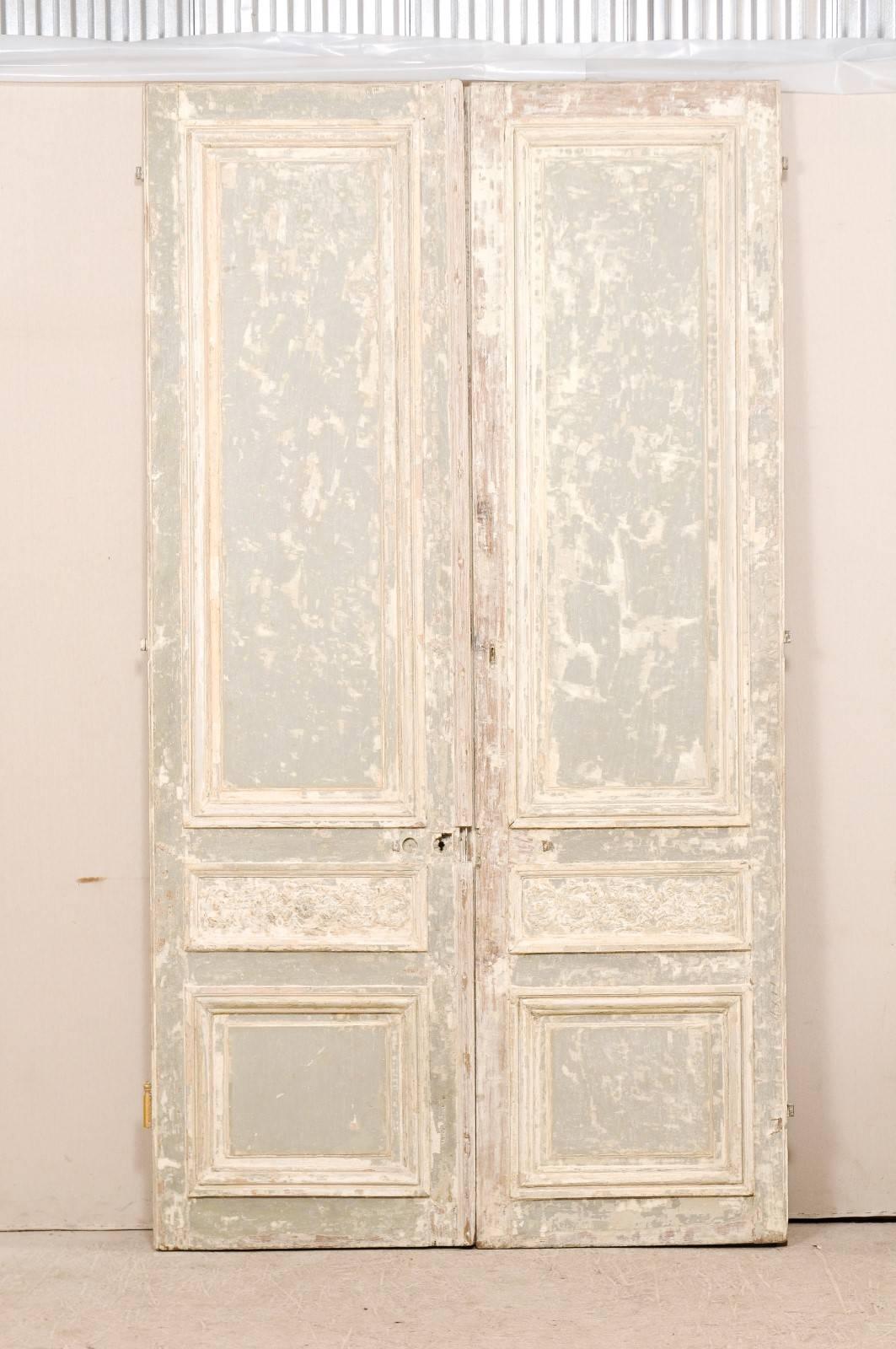 Carved Pair of Tall French Doors with Scraped Paint Finish in Light Grey and Cream