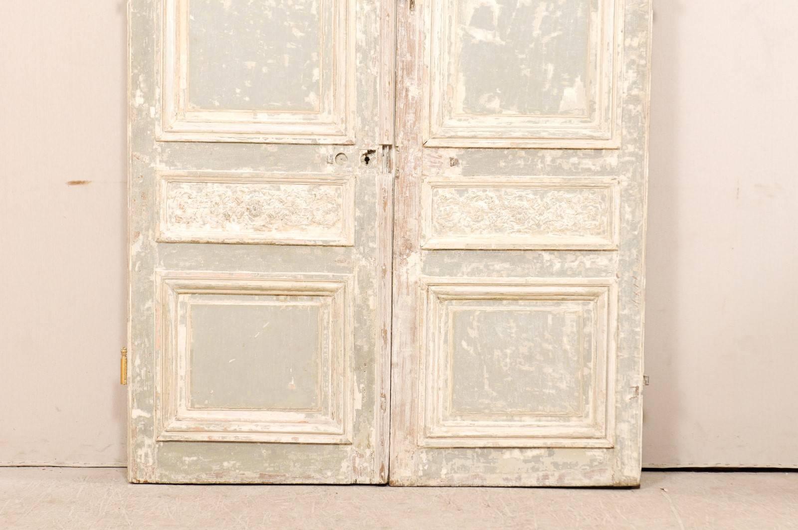 Wood Pair of Tall French Doors with Scraped Paint Finish in Light Grey and Cream