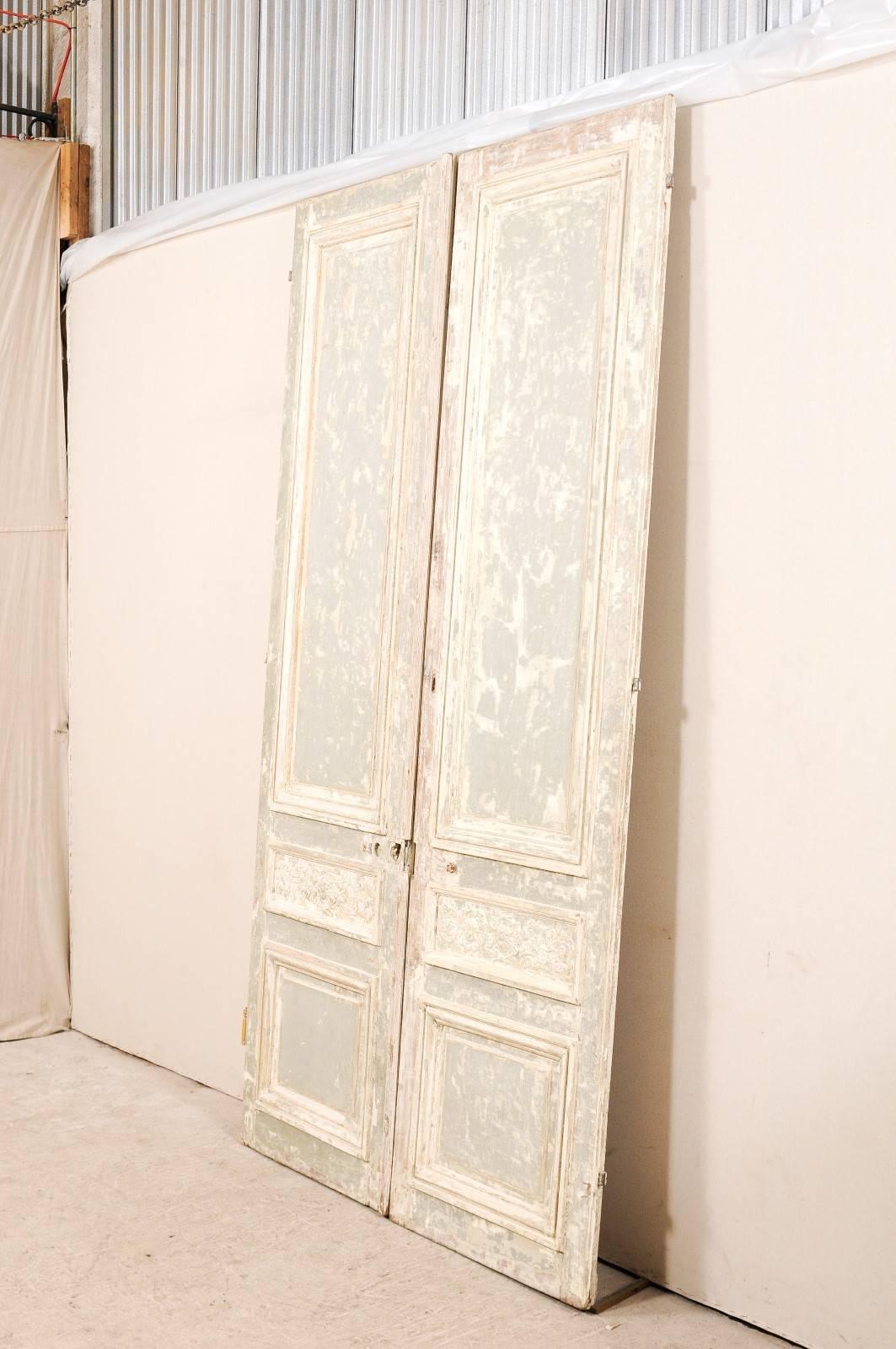Pair of Tall French Doors with Scraped Paint Finish in Light Grey and Cream 1
