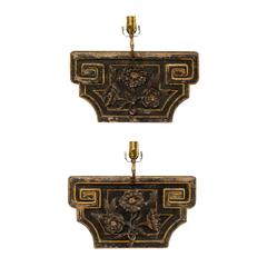Antique Pair of Italian 19th Century Unique Greek Key Black and Gold Sconces