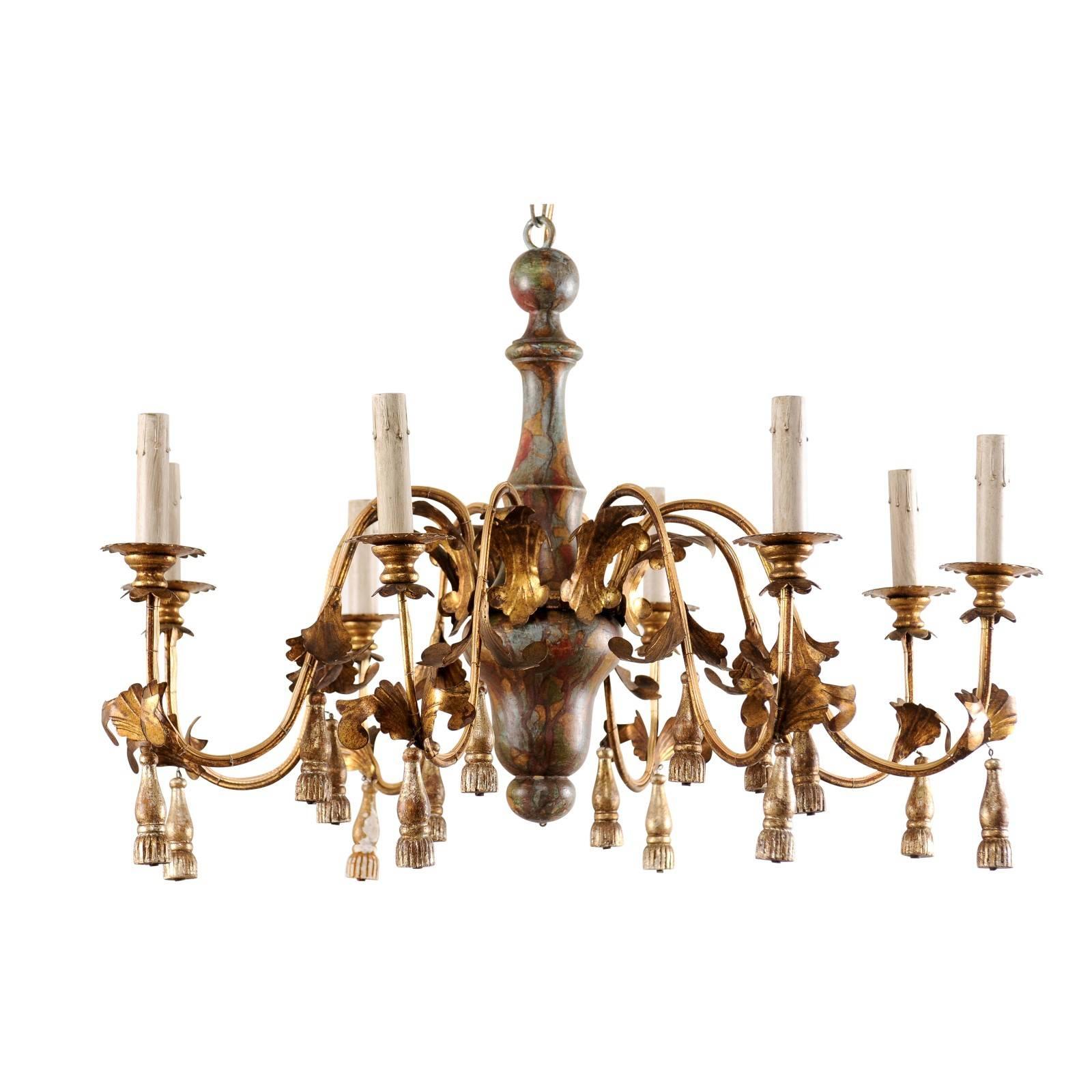 Italian 8-Light Painted Column Chandelier w/Gold Metal Arms & Carved-Tassels 