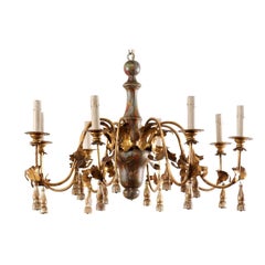 Italian 8-Light Painted Column Chandelier w/Gold Metal Arms & Carved-Tassels