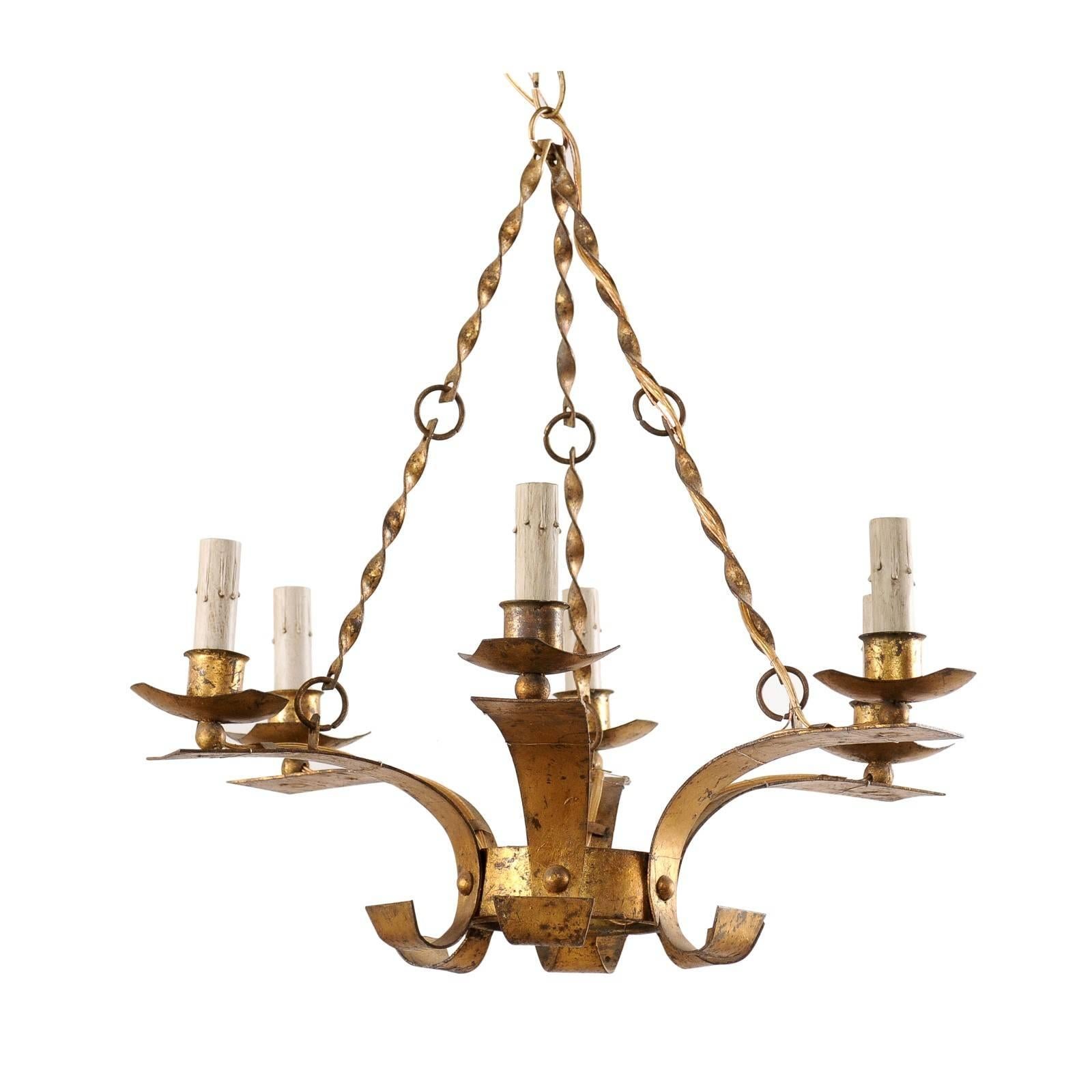 French Gilt Iron Six-Light Chandelier Suspended w/ Twisted Chains, Mid-Century For Sale
