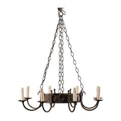French Mid-20th Century Eight-Light Chandelier with Nicely Aged Iron Ring