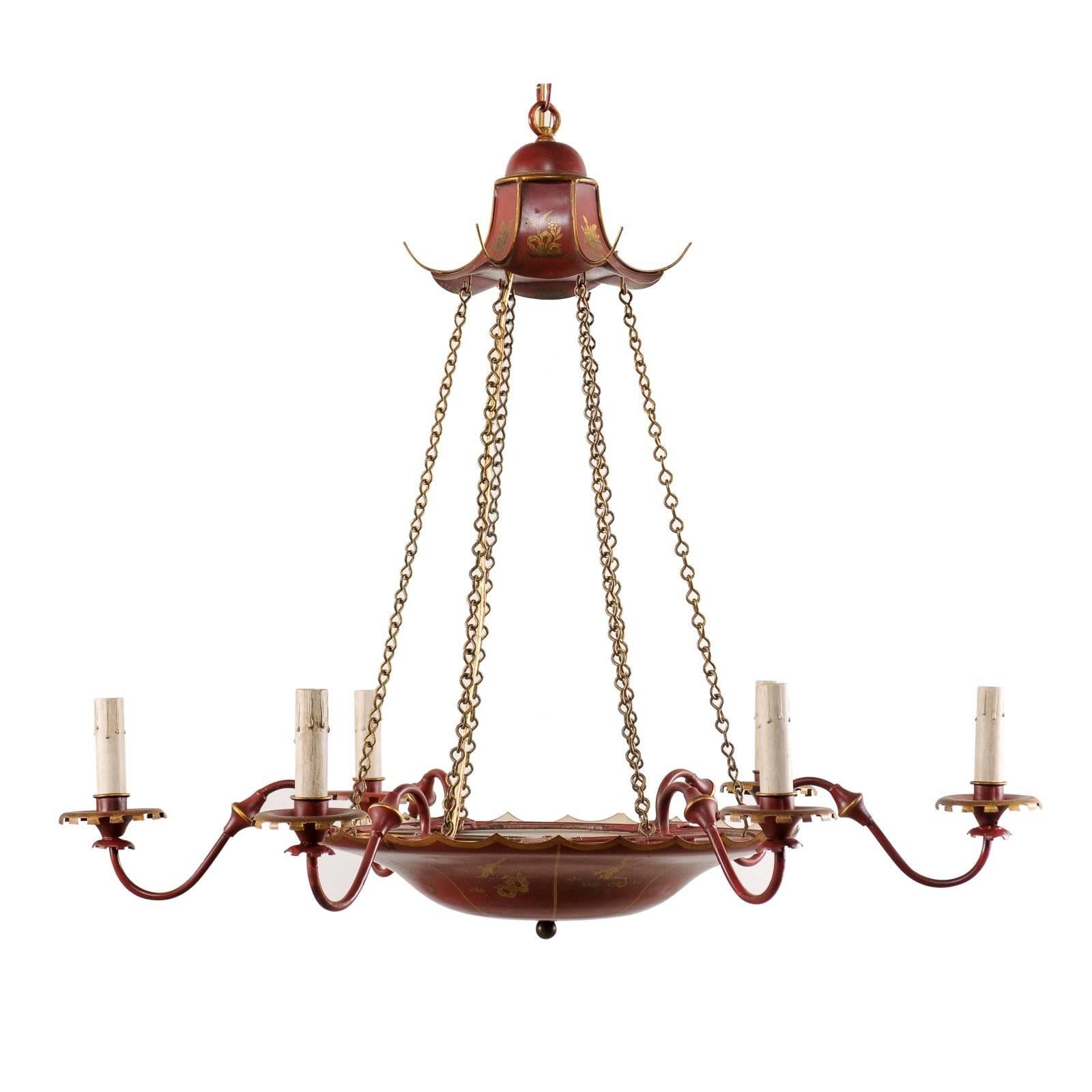 Vintage English Red Tole Six-Light Chandelier with Chinoiserie Gold Color Decor