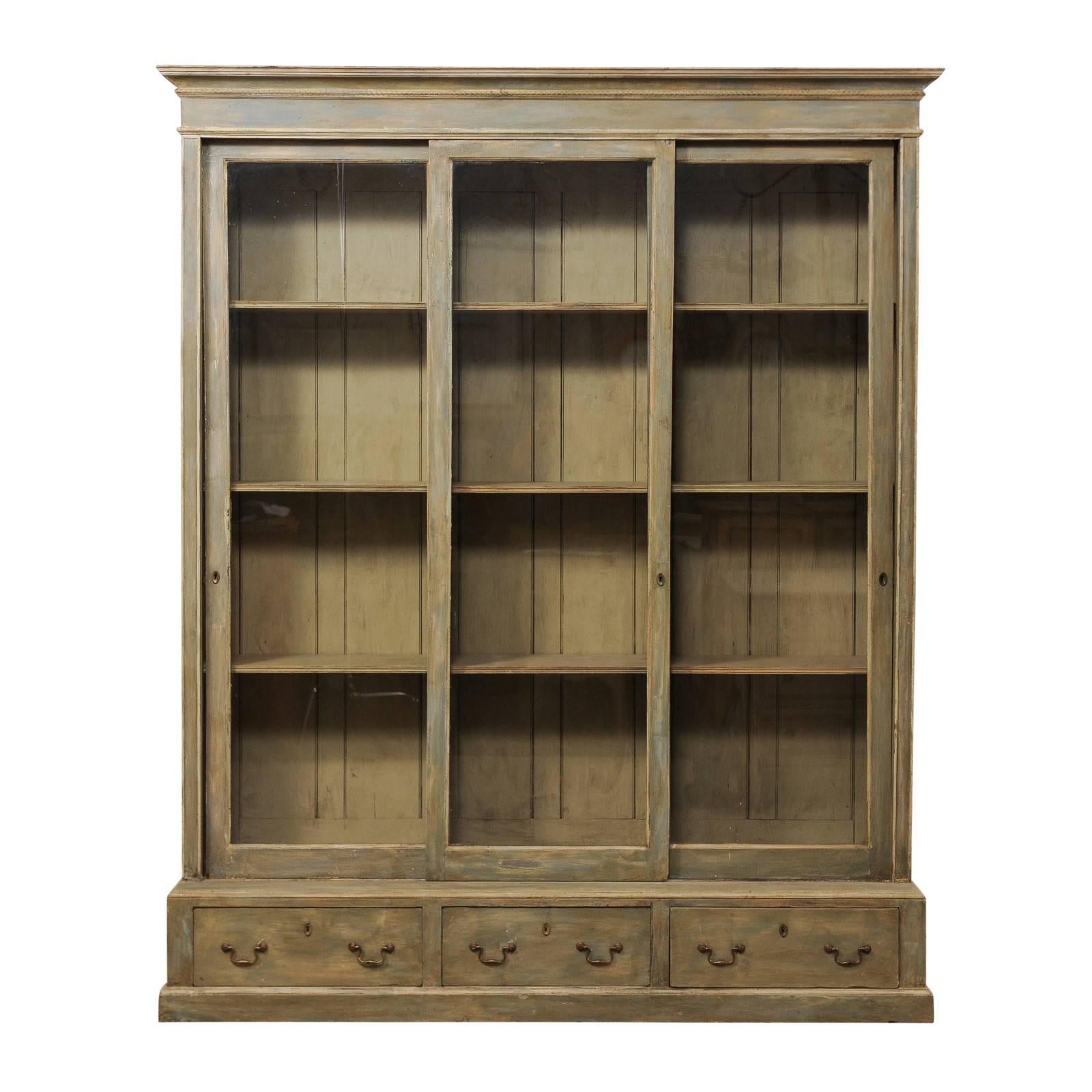 French 19th Century Large Painted Wood Bookcase with Sliding Doors