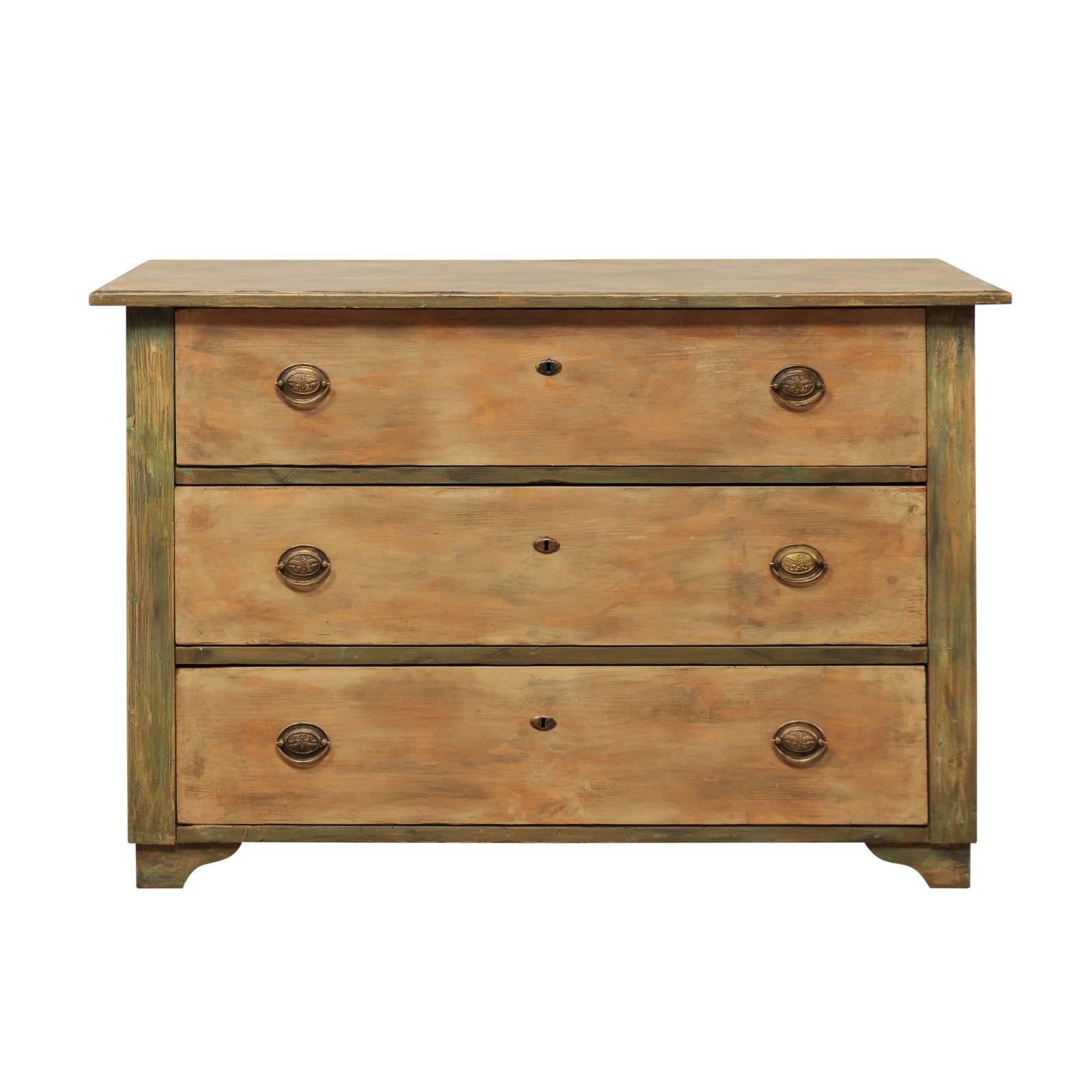 19th Century, Swedish Painted Wood Chest of Drawers in Beige and Green