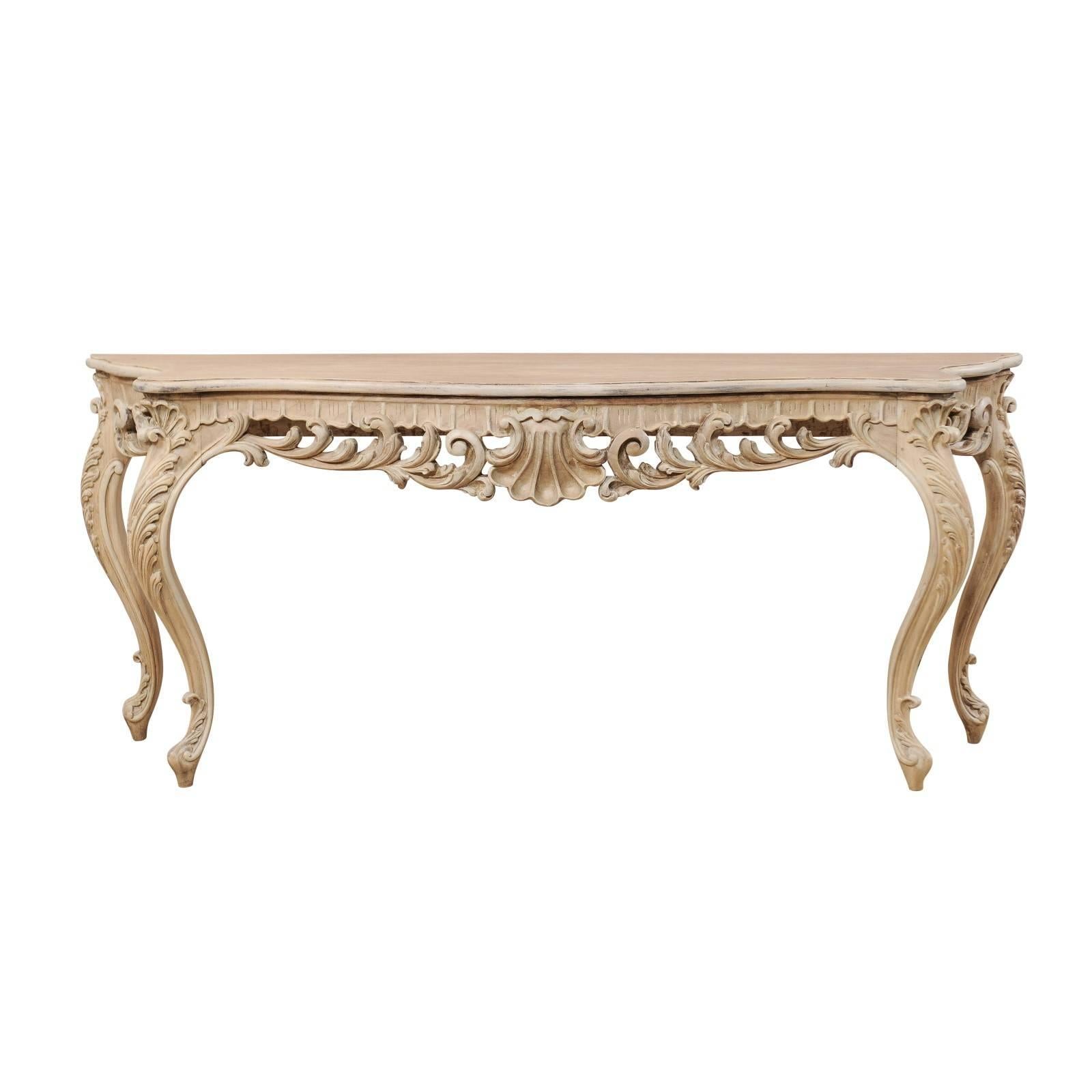 Vintage Brazilian Richly Carved Light Color Wood Console Table with