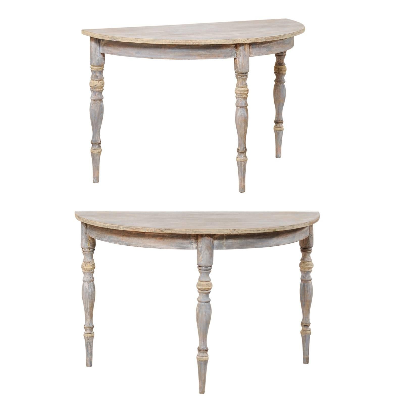 Pair of 19th Century Swedish Demilune Tables of Soft Blue, Grey and Cream