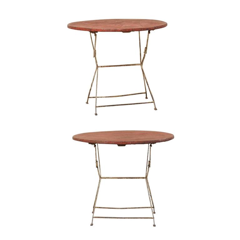 Pair Of French Vintage Bistrot Café Folding Patio Porch Tables With Red Tops