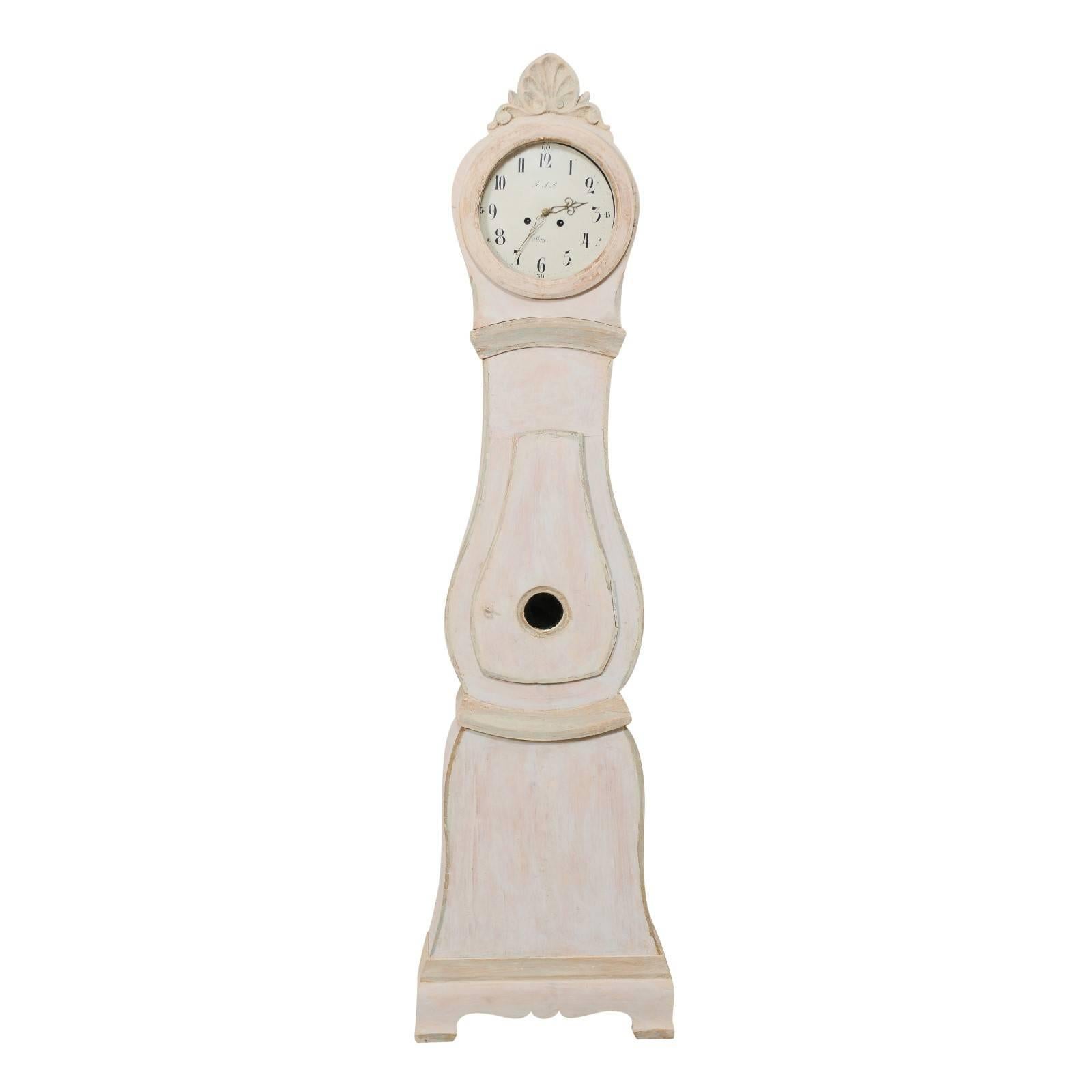 19th Century Swedish Mora Floor Clock with Nicely Carved Crest and Neutral Tones