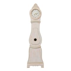 19th Century Swedish Mora Floor Clock with Nicely Carved Crest and Neutral Tones