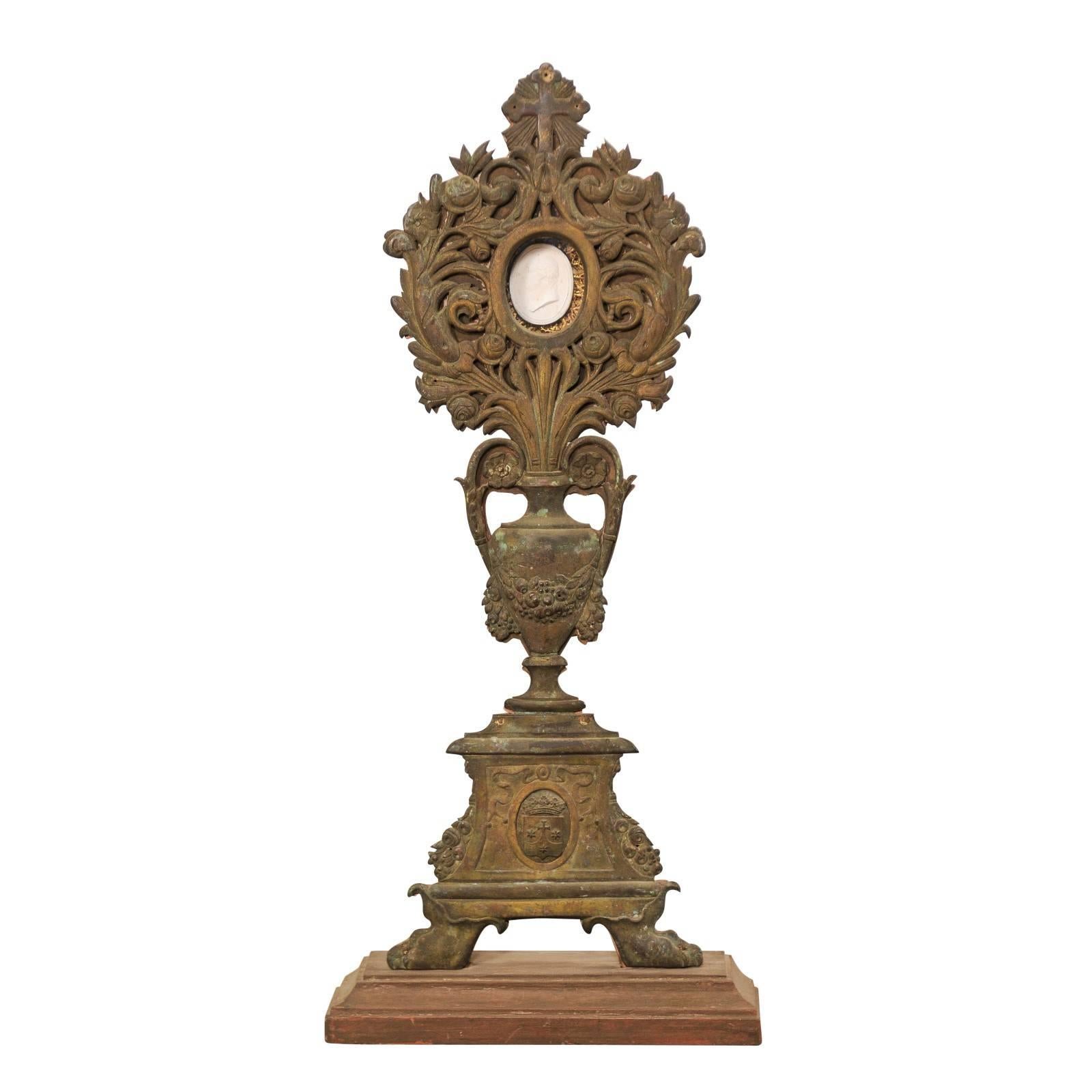 French 19th Century Altarpiece with Central Intaglio and Decorated Repoussé For Sale