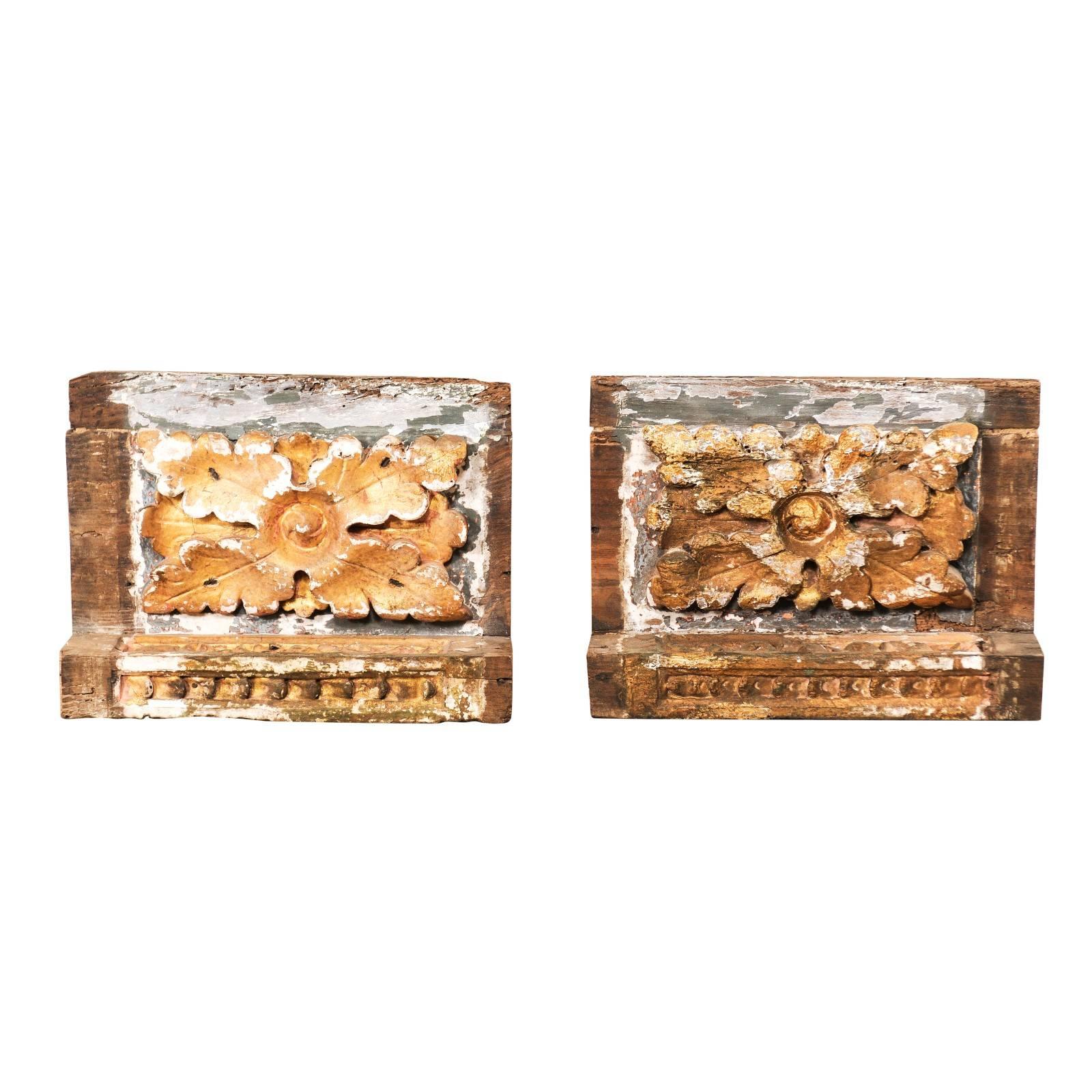 Pair of 18th Century Italian Carved Wood Fragments with Gold Floral Decorations
