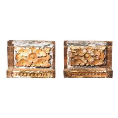 Antique Pair of 18th Century Italian Carved Wood Fragments with Gold Floral Decorations