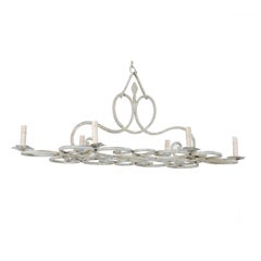 French, Mid-20th Century Six-Light Painted Iron Chandelier in Pale Blue Grey