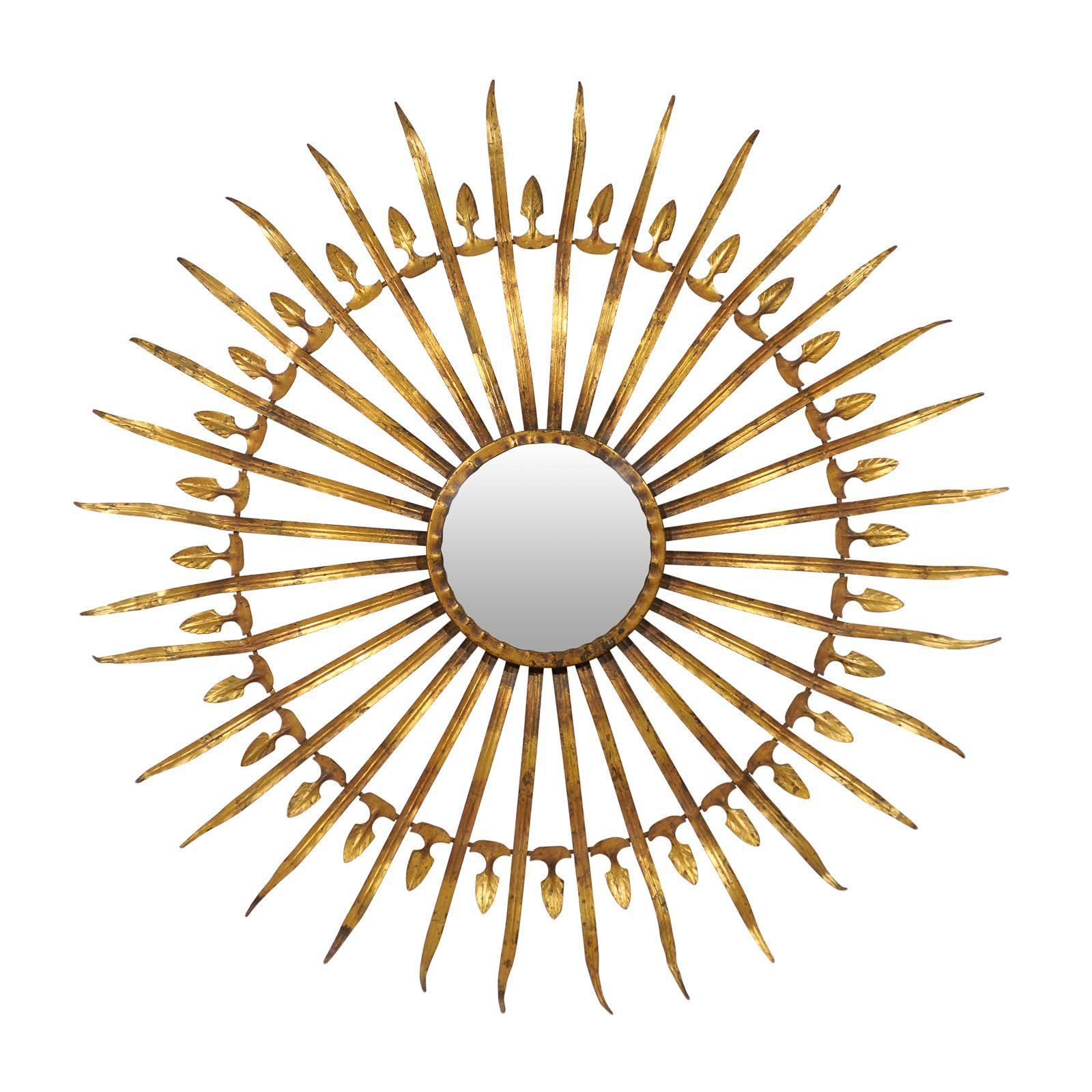 French Sunburst and Foliage Motif Gilded Metal Wall Ornament with Round Mirror