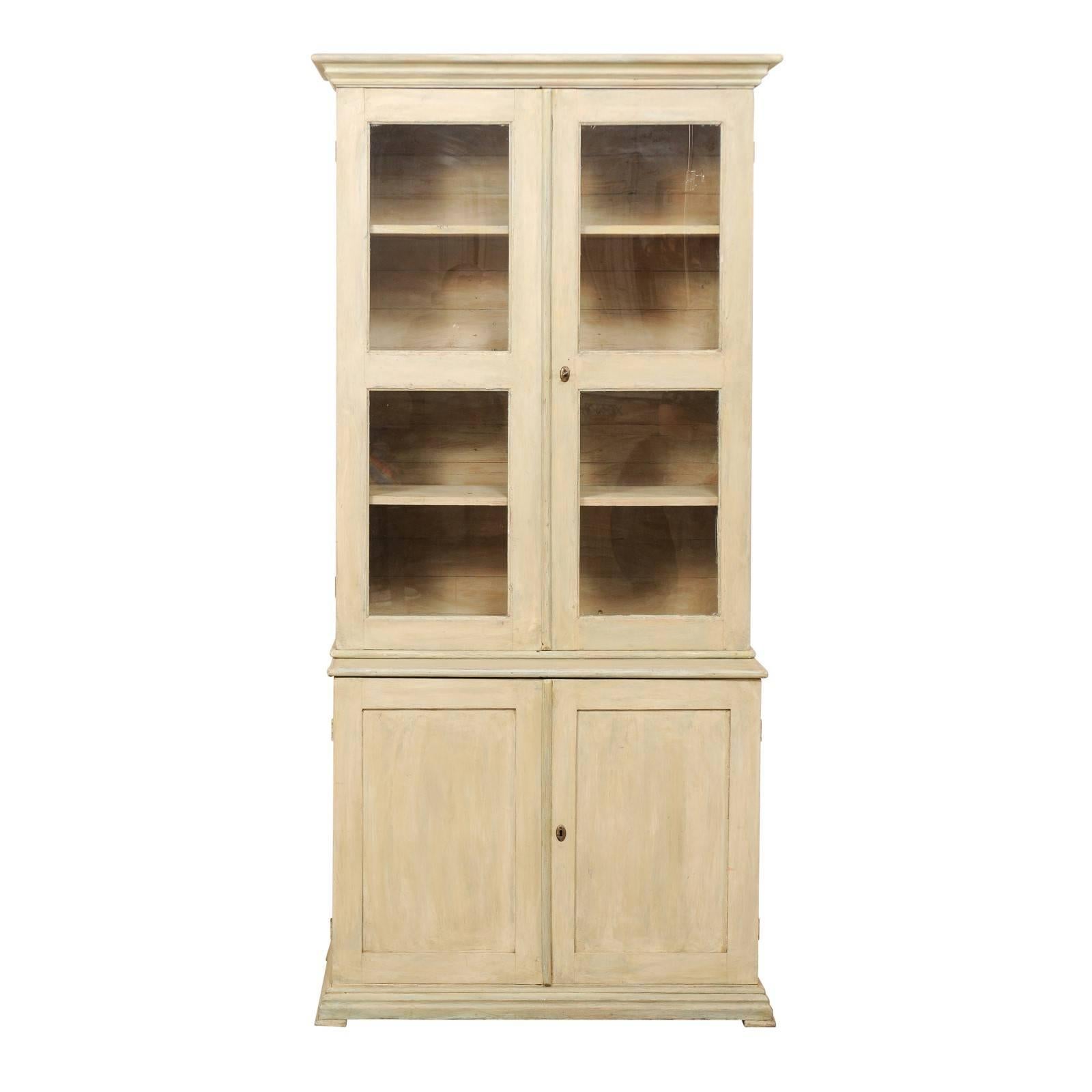 19th Century Swedish Painted Wood Bookcase with Glass Doors and Extra Storage
