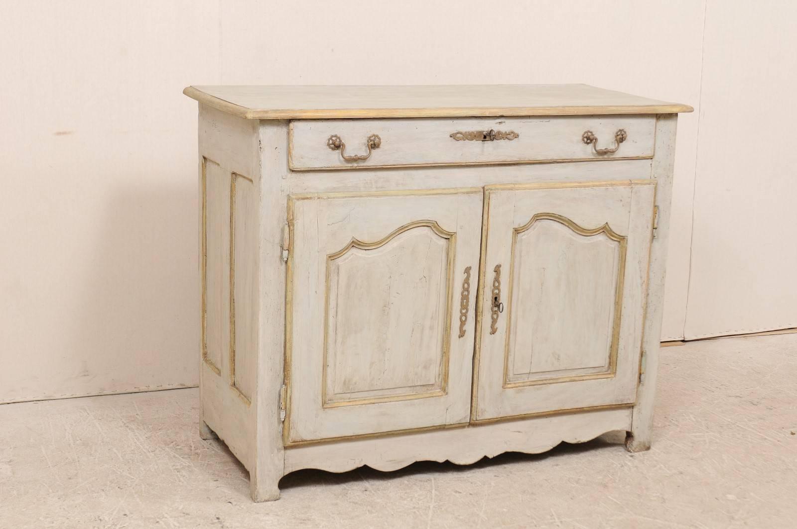 Carved French Painted Wood Buffet in Pale Blue with Gold, Green and Beige Trim For Sale