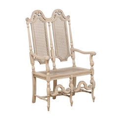 Antique English Wood and Cane Double-Back Bench Chair, Early 20th Century 9