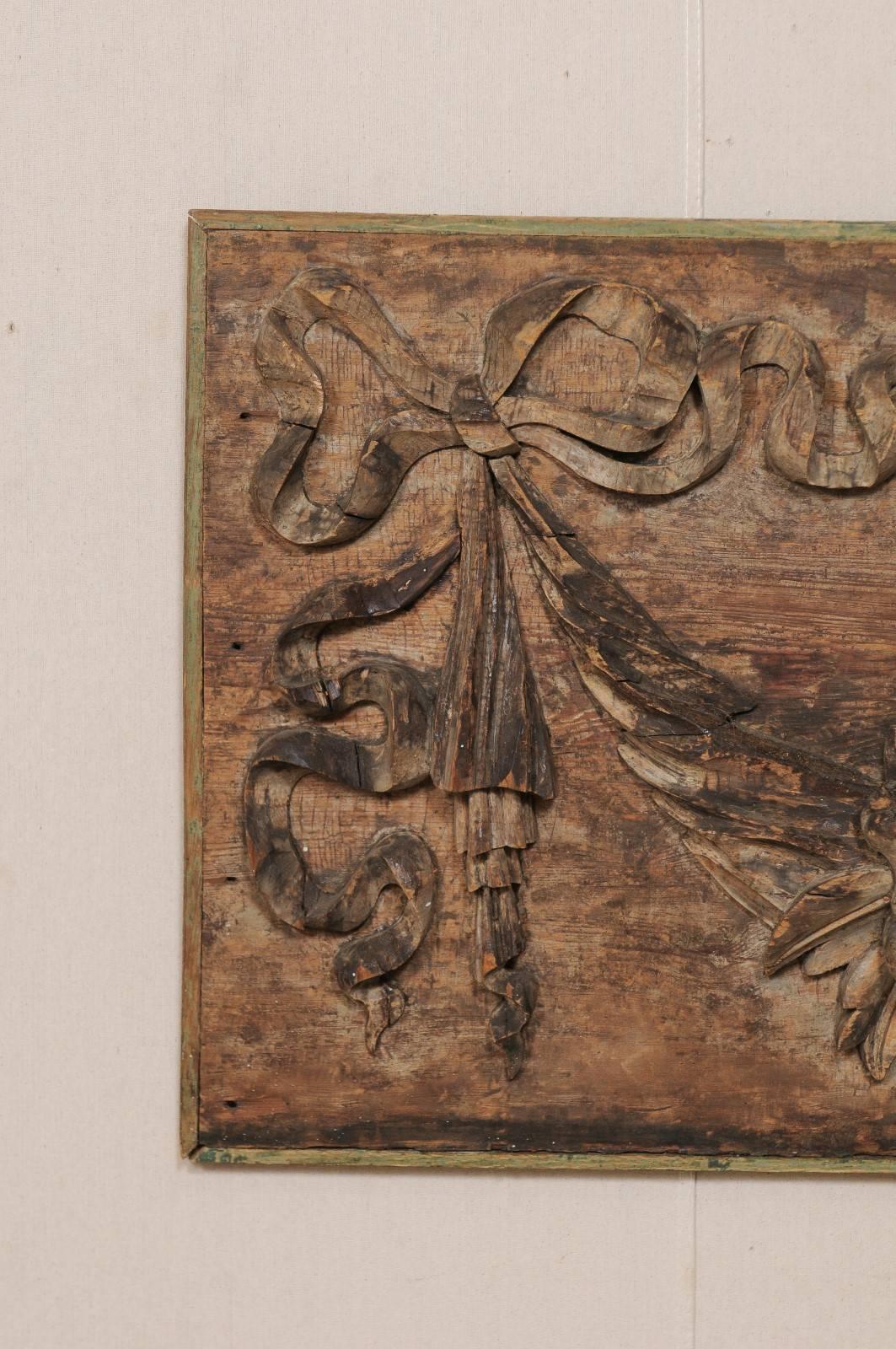 Italian 19th Century Hand-Carved Wood Wall Plaque with Fruit, Swag & Bow Motifs In Good Condition In Atlanta, GA