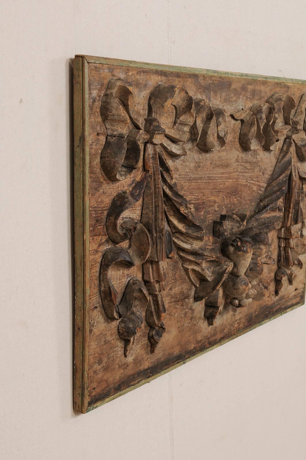 Italian 19th Century Hand-Carved Wood Wall Plaque with Fruit, Swag & Bow Motifs 3