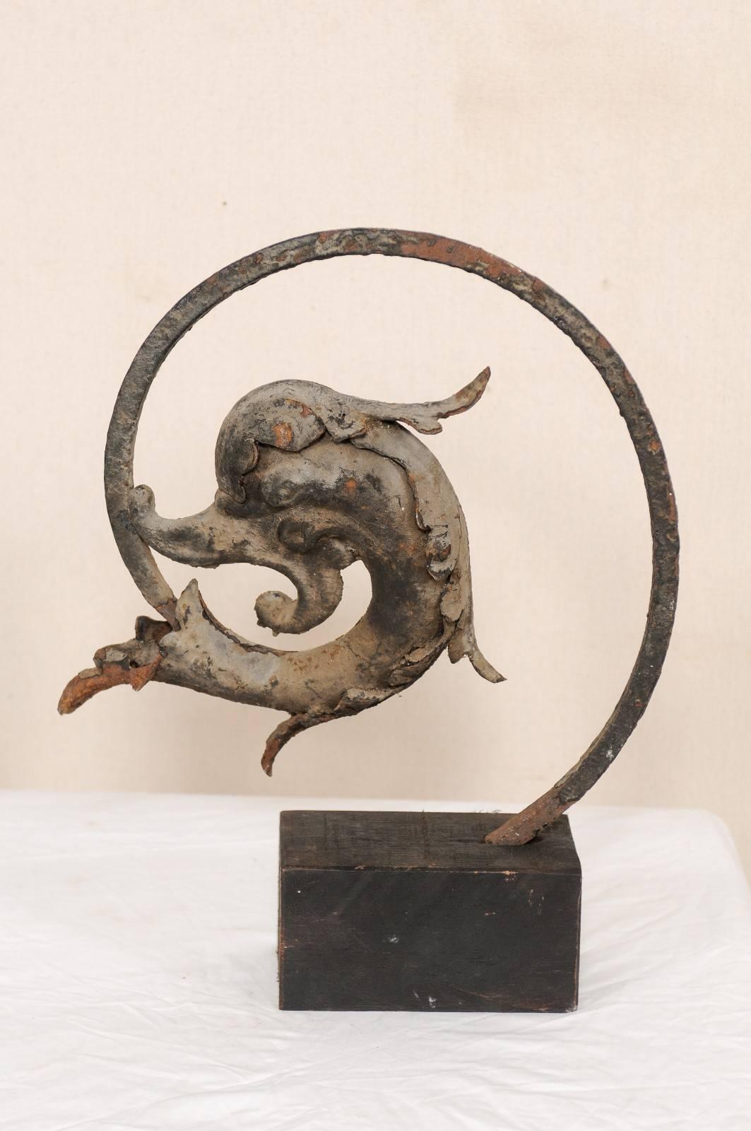 Carved French Early 19th Century Mythological Dolphin Fish on Stands, Iron with Patina