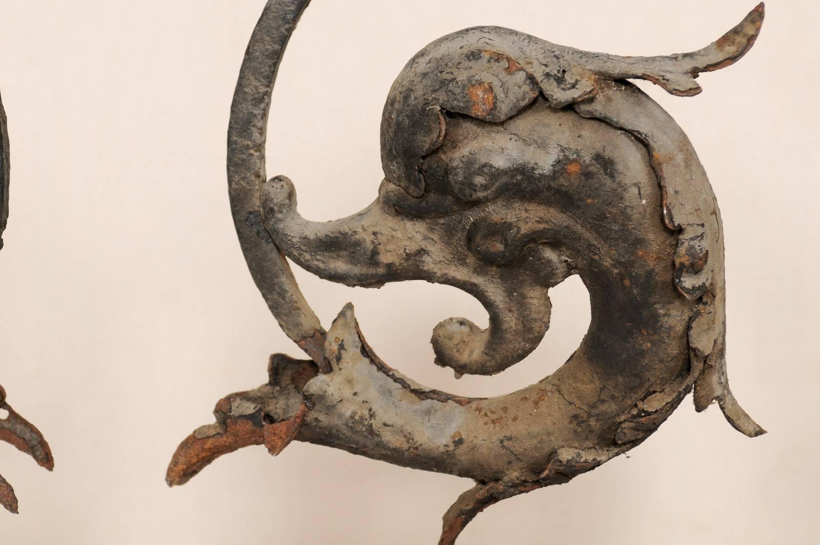 French Early 19th Century Mythological Dolphin Fish on Stands, Iron with Patina In Good Condition In Atlanta, GA