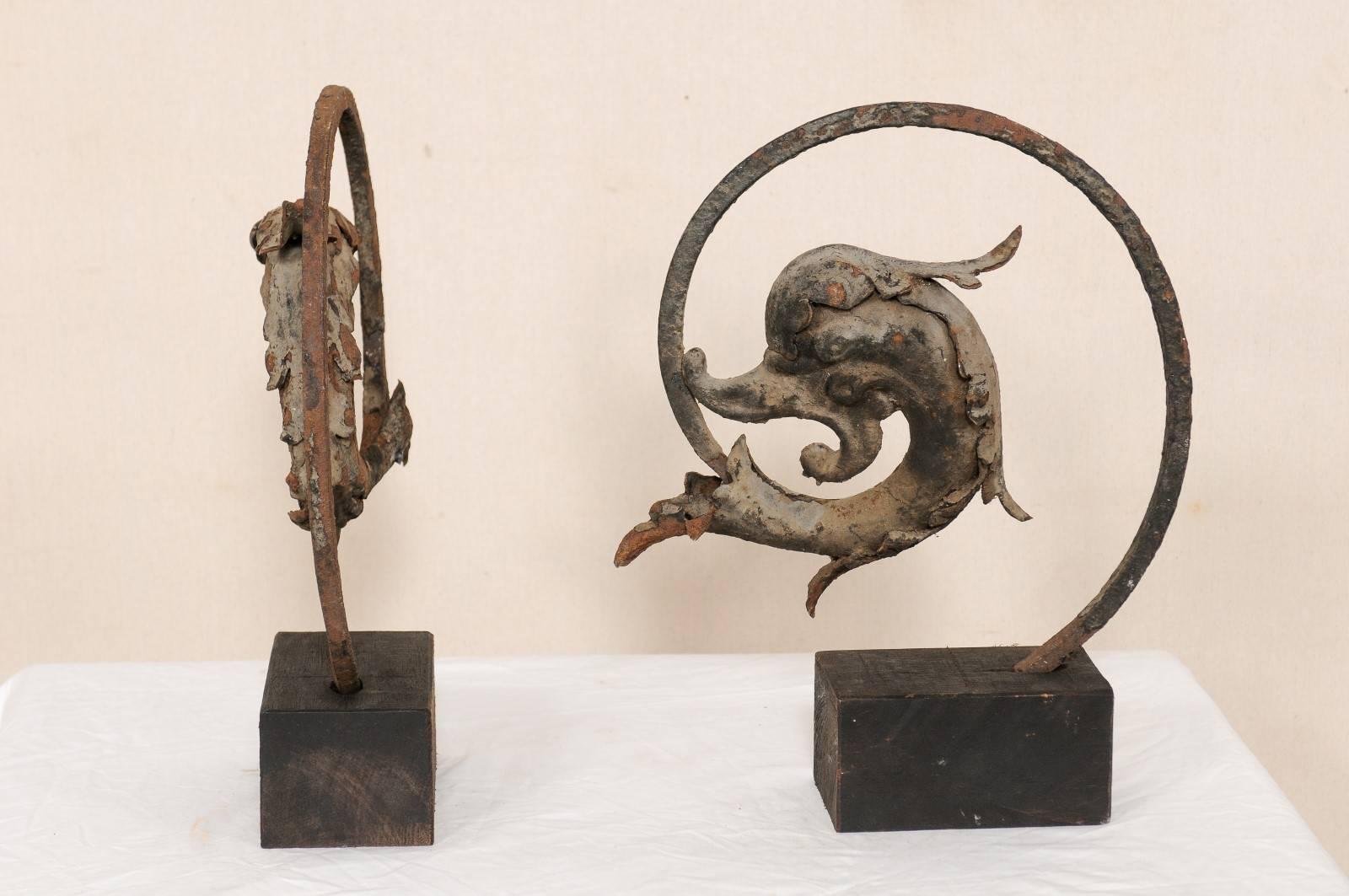 Metal French Early 19th Century Mythological Dolphin Fish on Stands, Iron with Patina