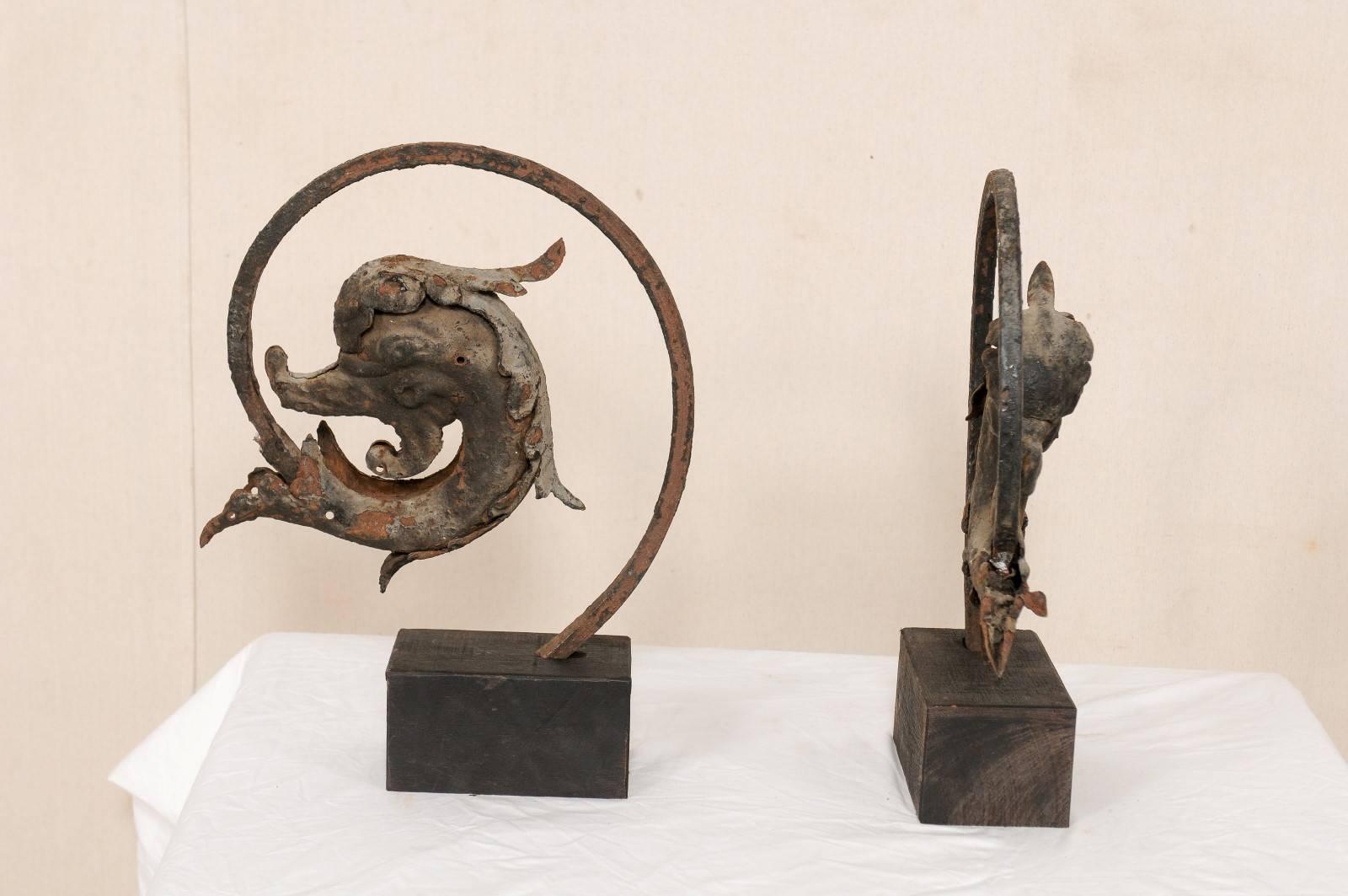 French Early 19th Century Mythological Dolphin Fish on Stands, Iron with Patina 1