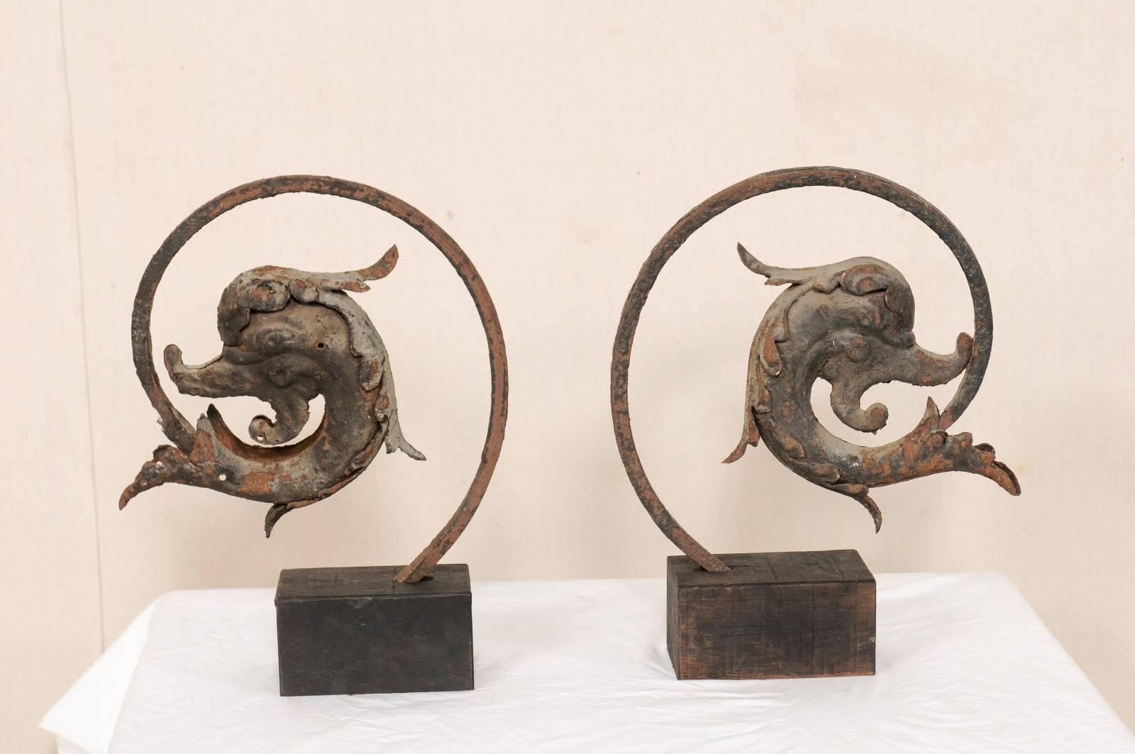 French Early 19th Century Mythological Dolphin Fish on Stands, Iron with Patina 2