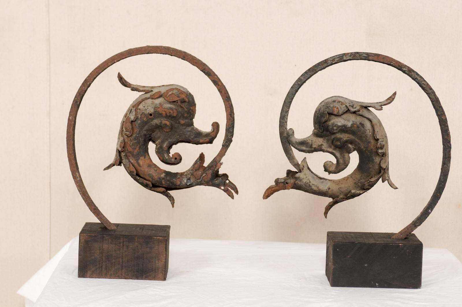 French Early 19th Century Mythological Dolphin Fish on Stands, Iron with Patina 4
