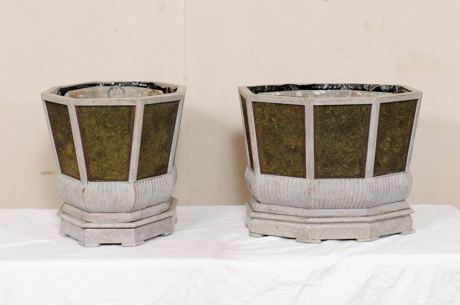 20th Century Pair of Unique Swedish Planters of Wood, Wire and Stone with Moss Inside, 1920s