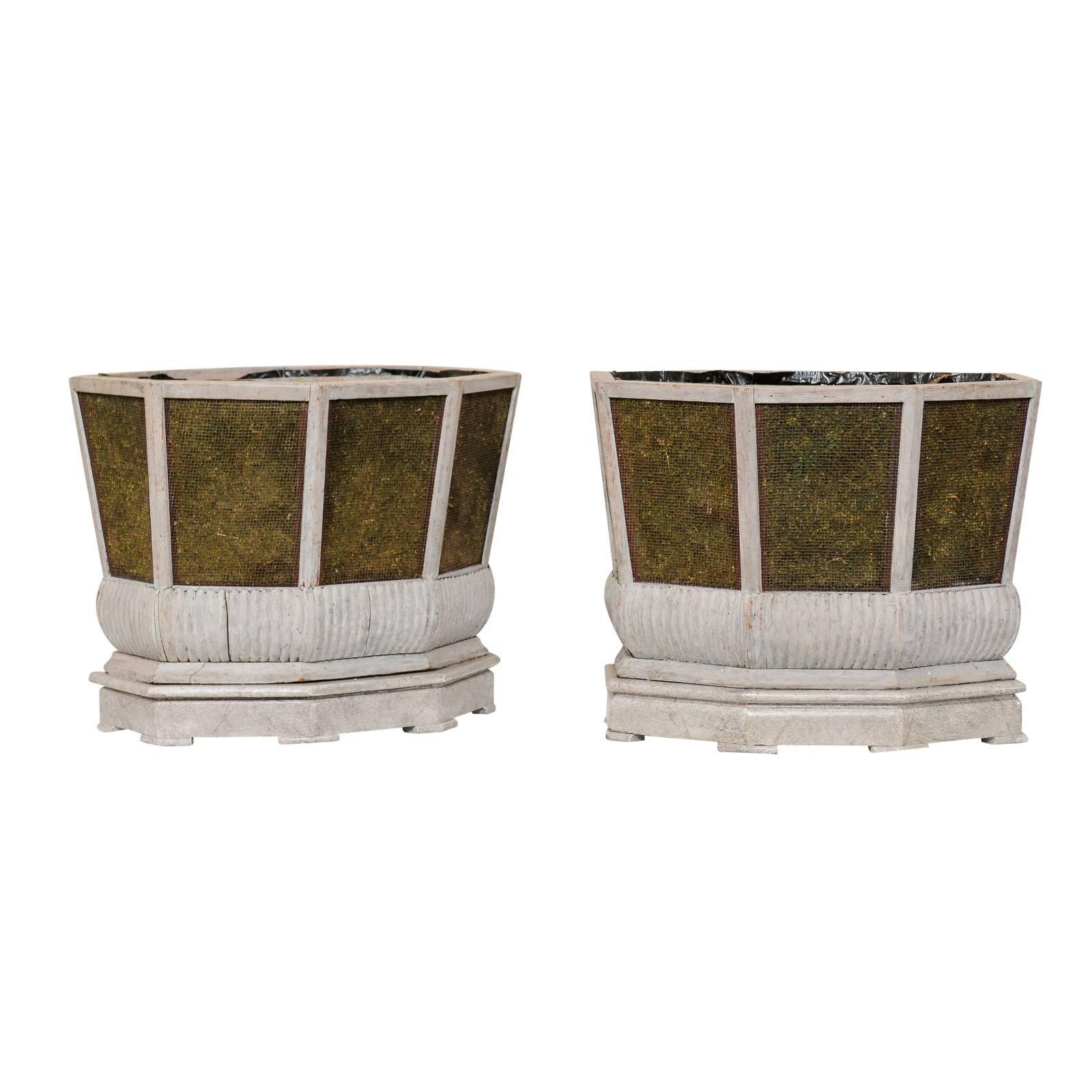 Pair of Unique Swedish Planters of Wood, Wire and Stone with Moss Inside, 1920s